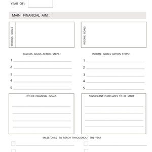 May include: A printable worksheet for setting annual financial goals. The worksheet includes sections for savings goals, income goals, other financial goals, significant purchases, and milestones to reach throughout the year.