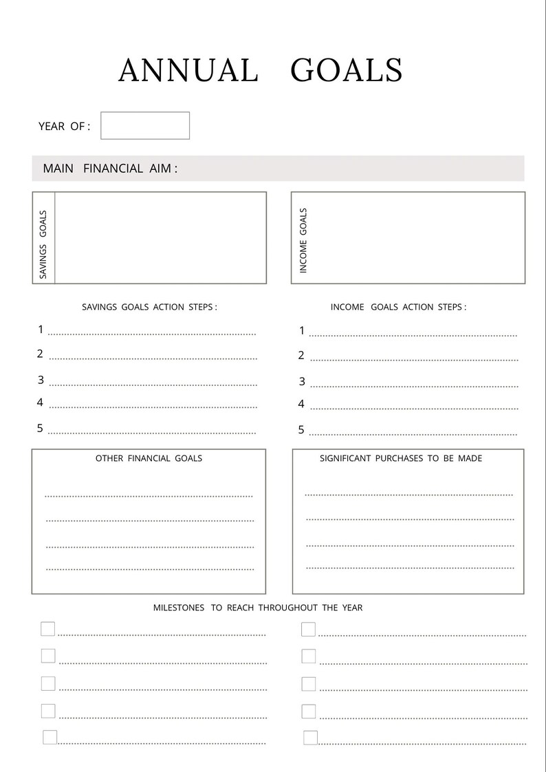May include: A printable worksheet for setting annual financial goals. The worksheet includes sections for savings goals, income goals, other financial goals, significant purchases, and milestones to reach throughout the year.