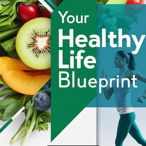 Könnte beinhalten: Ein Bild mit frischem Obst und Gemüse, darunter Kiwi und Pfirsiche, sowie dem Text "Your Healthy Life Blueprint". Eine Frau in Sportkleidung läuft, um einen gesunden Lebensstil zu fördern.