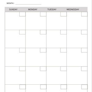 May include: A blank monthly calendar template with the word "MONTH" and a line for writing in the month. The calendar has the days of the week listed across the top: Sunday, Monday, Tuesday, Wednesday.
