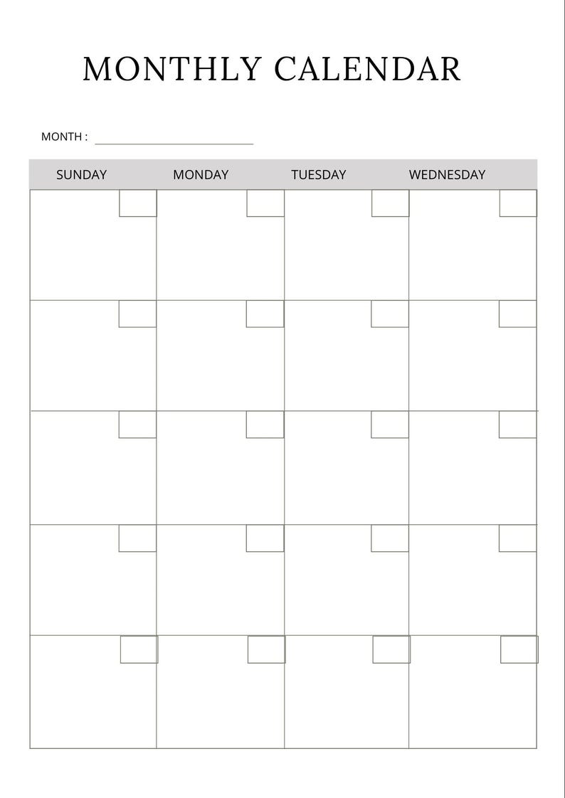 May include: A blank monthly calendar template with the word "MONTH" and a line for writing in the month. The calendar has the days of the week listed across the top: Sunday, Monday, Tuesday, Wednesday.