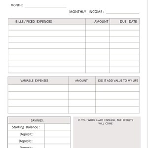 May include: A printable monthly budget worksheet with sections for bills, fixed expenses, variable expenses, savings, and an ending balance. The worksheet includes columns for amount, due date, and whether an expense added value to your life.