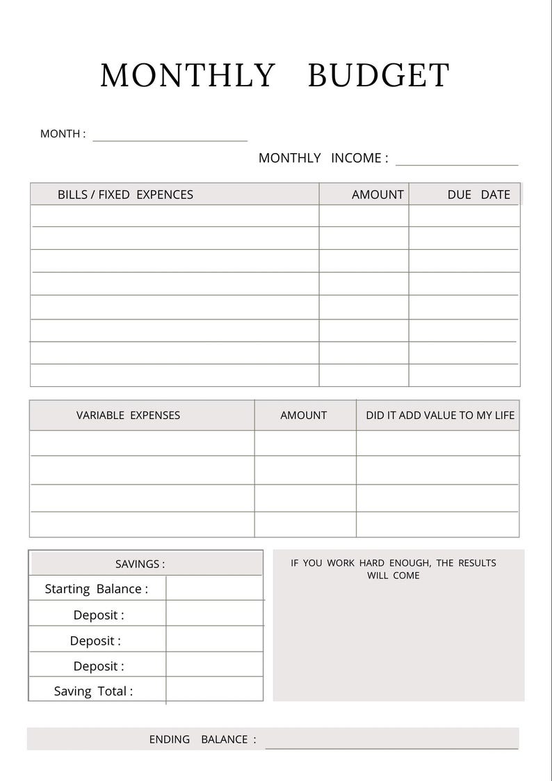 May include: A printable monthly budget worksheet with sections for bills, fixed expenses, variable expenses, savings, and an ending balance. The worksheet includes columns for amount, due date, and whether an expense added value to your life.