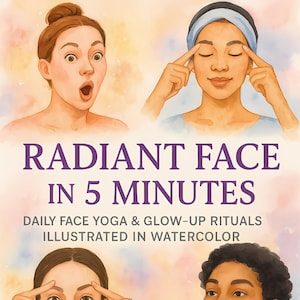 Könnte beinhalten: Aquarell-Illustration mit dem Text "RADIANT FACE IN 5 MINUTES". Das Bild zeigt vier Frauen, die Gesichts-Yoga-Techniken demonstrieren. Der Text erwähnt auch "DAILY FACE YOGA & GLOW-UP RITUALS ILLUSTRATED IN WATERCOLOR".