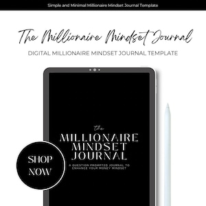 Może przedstawiać: Czarno-biały cyfrowy szablon dziennika na ekranie tabletu z białym rysikiem. Tekst brzmi "The Millionaire Mindset Journal" i "A question prompted journal to enhance your money mindset".
