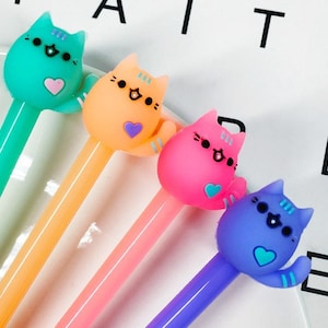 Caneta de gel Kawaii Cat, caneta de ponta fina, individual ou conjunto de 4 - tinta preta - item de novidade, amante de animais, papelaria, caneta fofa, presente para ela/ele
