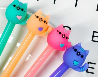 Kawaii Cat Gel Pen, Fine Tip Pen, Individual OR Set of 4 - Black Ink - Novelty item, Animal lover, Stationary, Cute pen, Gift for her/him