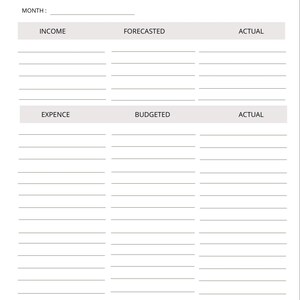 May include: A printable budget tracker worksheet with sections for income, forecasted income, actual income, expense, budgeted expense, actual expense, total income, total expenses, and difference.