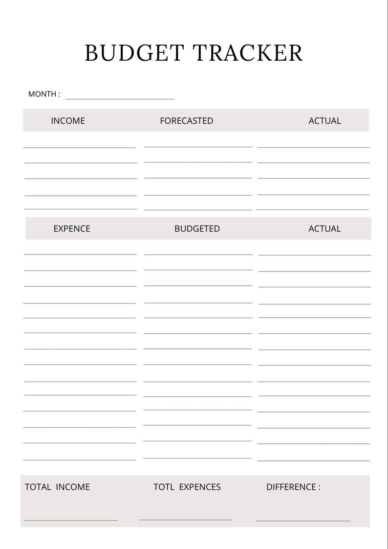 May include: A printable budget tracker worksheet with sections for income, forecasted income, actual income, expense, budgeted expense, actual expense, total income, total expenses, and difference.