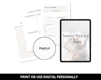 May include: A digital printable anxiety therapy planner with a white background and black text. The planner includes sections for daily planning, thinking patterns, and coping mechanisms. The image also includes a digital stamp with the text "Digital Kizzy".