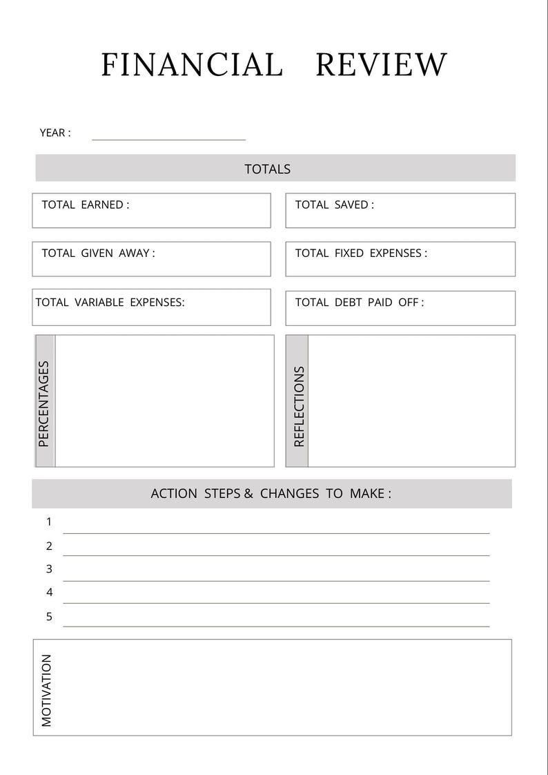 May include: A printable financial review worksheet with sections for totals, percentages, reflections, action steps, and motivation. The worksheet includes fields for total earned, total saved, total given away, total fixed expenses, total variable expenses, and total debt paid off.