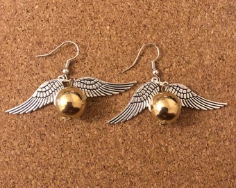 Golden Winged Ball Earrings, Wizard and Witches Theme, Dangle Earrings, Gift for Her/Gift for Him, Movie Theme, Secret Santa Gift, Birthday