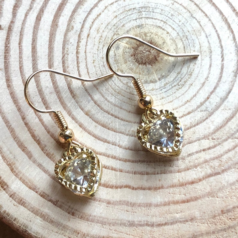 Heart of Gold Earrings, Cubic Zirconia Earrings, Stainless Steel Gold, 18k Gold Plated, Love Heart Earrings, Crystal Drop Earrings, Gift image 7