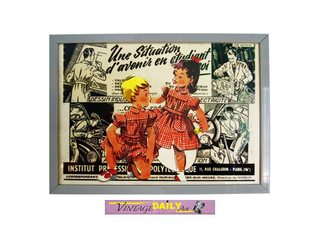 Cadre Home Deco Vintage, Atomic Age, Tableau Retro Gris, Couple d'enfants, Écolier Après Guerre, Ann