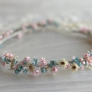 Blue pink cream natural flower crown Floral Boho Flower hair Wreath Rustic Wedding bride Bridesmaid girls crown Dried flower halo Wildflower