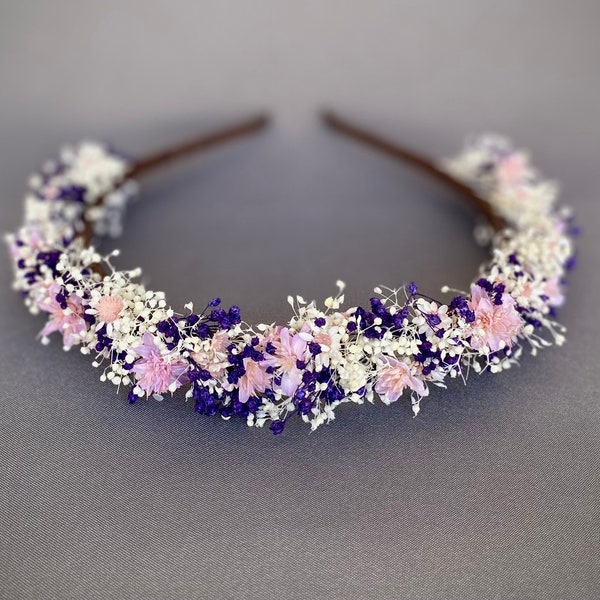 Lila Elfenbein natürliche Blumen Haarband Hochzeit Boho Stirnband Braut Brautjungfer Mädchen Stirnband getrocknete haltbar gemachte Blumen Haarband Wildblume