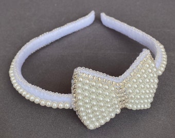 White bow headband Pearls Beaded rhinestone bow headband Party Wedding headband Toddler Child Baby Girl Headband elegant gift for girl