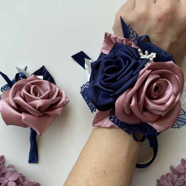 Navy Blue Dusty Rose Ivory Flower Wrist Corsage boutonniere Set Wedding Grad Prom Corsage Bridesmaid Corsage Groom boutonniere Homecoming