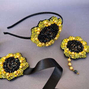 Sunflower Wrist Corsage or Boutonnière Headband Set Prom Wedding Bridesmaid Bracelet jewelry beaded Corsage Homecoming Flower Alternatives