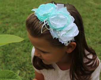 White mint flower headband wedding Headband Toddler little girl headband hard headband birthday party headband Gift for girl Pretty headband