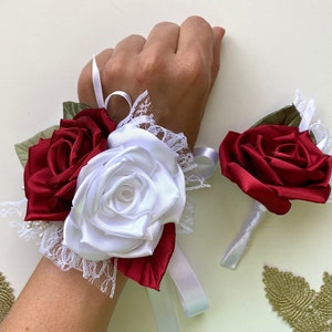 Rot weiß Blume Handgelenk Corsage Boutonniere Abschlussball Hochzeit Blumen Corsage Brautjungfer Corsage Armband Heimkehr Blumen Alternatives Andenken