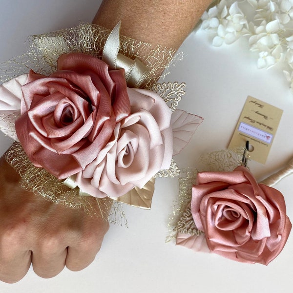 Rose Gold and Blush Pink Gold wrist Corsage Boutonnière Set Wedding Groom bridal Bridesmaid Corsage Grad Prom Homecoming Flower Alternatives