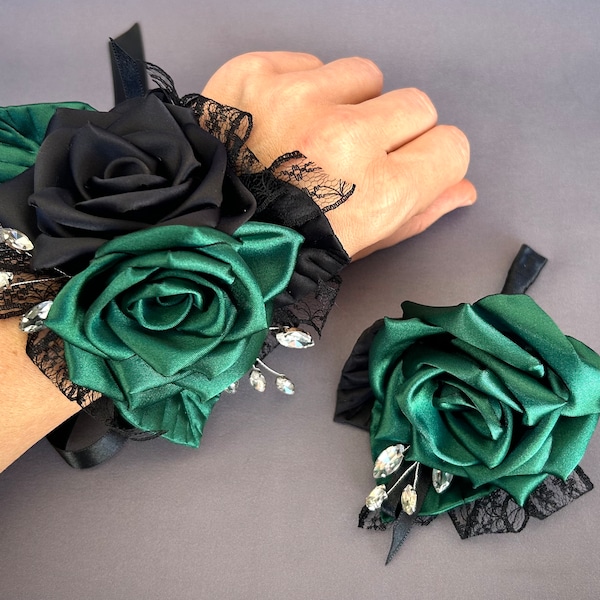 Emerald Green and Black Wrist Corsage or boutonniere Wedding Bridesmaid Corsage Bracelet Groomsmen Boutonnière Grad Prom Corsage Homecoming