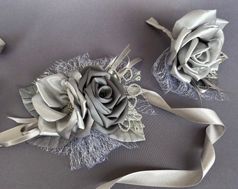 Shades of Grey Flower Wrist Corsage boutonniere Charcoal Grey Silver Wedding Corsage Bridesmaid Corsage Bracelet Homecoming Prom Corsage