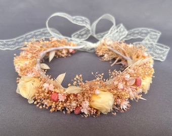 Vintage pink Ivory Dried flower crown Floral Boho Flower Wreath crown destination halo wedding wreath Wildflower halo natural flower wreath