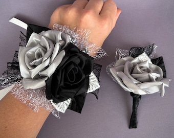 Set di fiori in tessuto nero e argento, boutonniere, accessori per matrimoni e balli di fine anno
