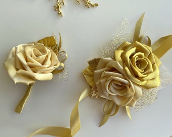 Shades of gold Flower Wrist Corsage boutonniere Set Wedding Corsage Bridesmaid Wrist Corsage Homecoming Grad Prom Corsage flower Alternative