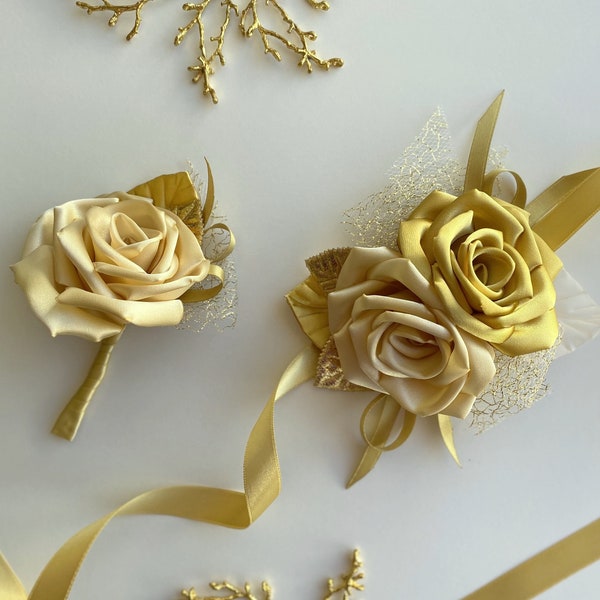 Shades of gold Flower Wrist Corsage boutonniere Set Wedding Corsage Bridesmaid Wrist Corsage Homecoming Grad Prom Corsage flower Alternative