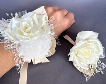 Ivory Flower Wrist Corsage boutonniere Set Accessories for Wedding Grad Prom Homecoming bride Bridesmaid