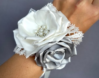Ivory Silver Flower Wrist Corsage for Wedding Prom Homecoming, Bridesmaid Gift