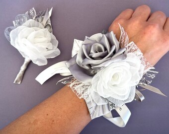 Silver Ivory flower wrist Corsage Boutonniere Set for Wedding Prom Homecoming Bridesmaid bride