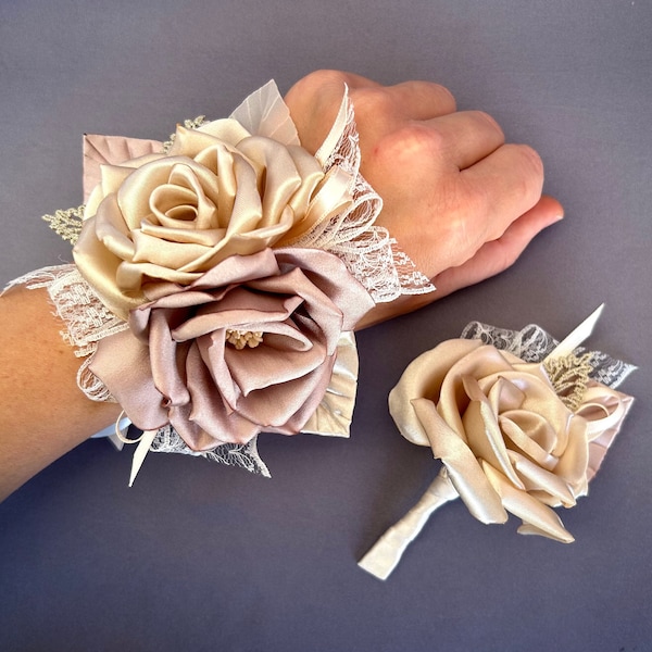 Champagner Beige Ivory Handgelenk Corsage Boutonniere Brautjungfer Corsage Andenken Abiball Corsage Homecoming Hochzeit Corsage Blumen Alternativen