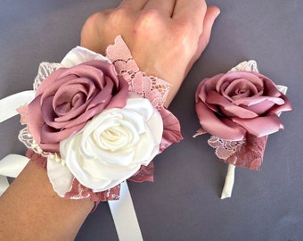 Dusty Rose Ivory Wrist Corsage and boutonniere Set Wedding Corsage Bridesmaid Corsage Groomsmen boutonniere Grad Prom Corsage Homecoming