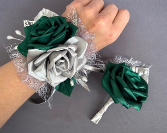 Emerald Green and silver Wrist Corsage or boutonniere Set Wedding Corsage Bridesmaid Corsage Bracelet Grad Prom Corsage Homecoming Keepsake