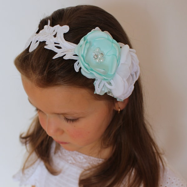 First Communion Headband,White lace flower headband,Mint White Flower Headband,Bridesmaid Girl Women Headband,Mint White Flower Girl Corsage