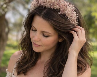 Vintage Blush Dusty Pink Ivory Dried Flower Headband, Bridal Bridesmaids Crown, Boho Rustic Wedding