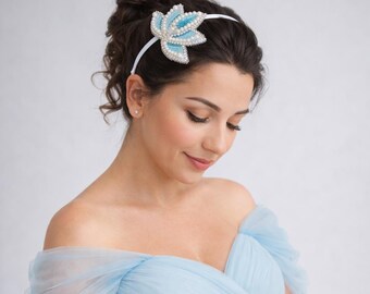 Cerchietto con strass a forma di fiore blu, accessorio per capelli con perline per feste