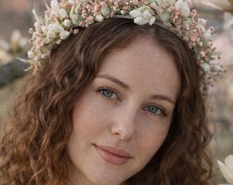 Boho Dried Flower Headband, Rustic Bridal Hair Crown, Blush Pink Floral Accessory