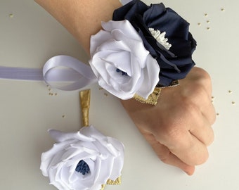 Navy Blue White Gold flower wrist Corsage Boutonniere Set for Bridesmaid, Wedding, Prom, Homecoming