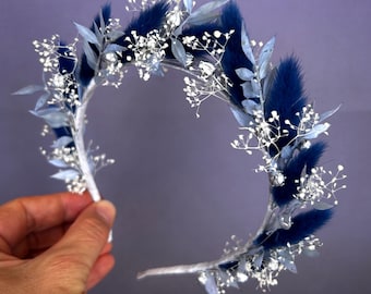 Fascia per capelli con fiori secchi blu e argento, ghirlanda floreale per capelli da sposa