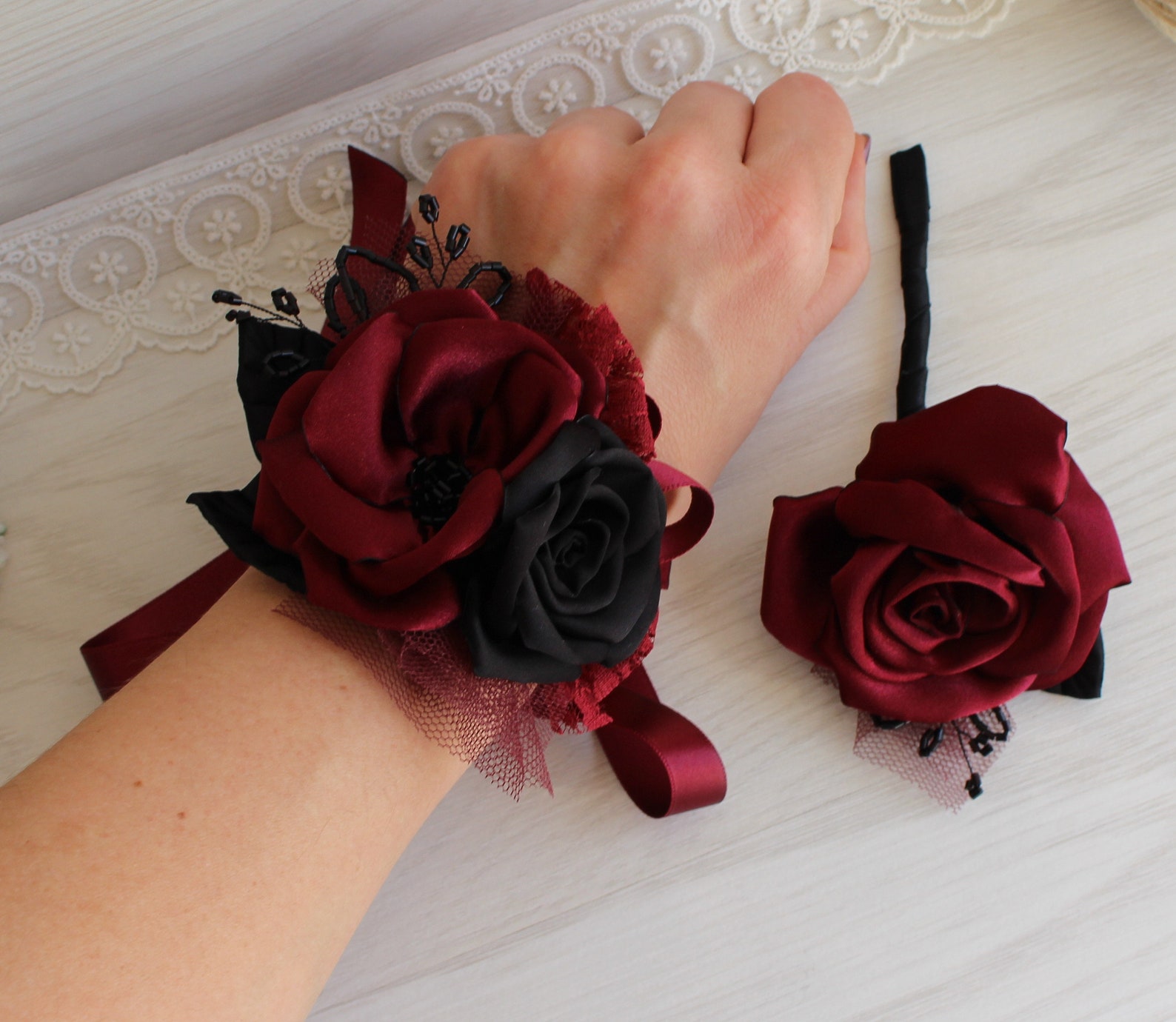 Burgundy black Wrist Corsage boutonniere Wedding Grad Prom Etsy