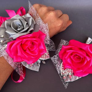 Hot neon fluorescent pink and silver Wrist Corsage Boutonnière Set Wedding Prom Corsage Bridesmaid Corsage Homecoming Flower Alternatives