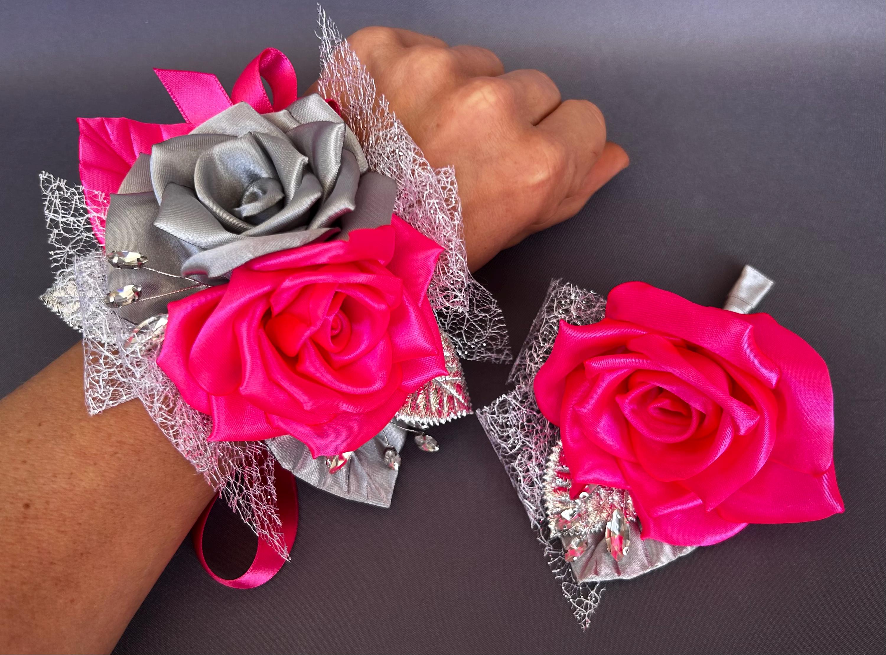 Hot neon fluorescent pink and silver Wrist Corsage Boutonnière Set Wedding Prom Corsage Bridesmaid Corsage Homecoming Flower Alternatives