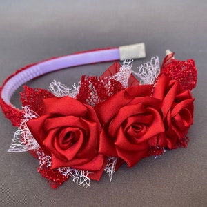 Red flower headband,Red rose headband,Toddler Women girl Headband,Christmas Headband,Flower Girl Headband,Wedding headband,red silver