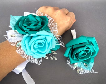 Turquoise blue water white flowers Wrist Corsage boutonniere Wedding Prom Corsage Bridal bridesmaid Corsage Groomsmen Boutonnière Homecoming