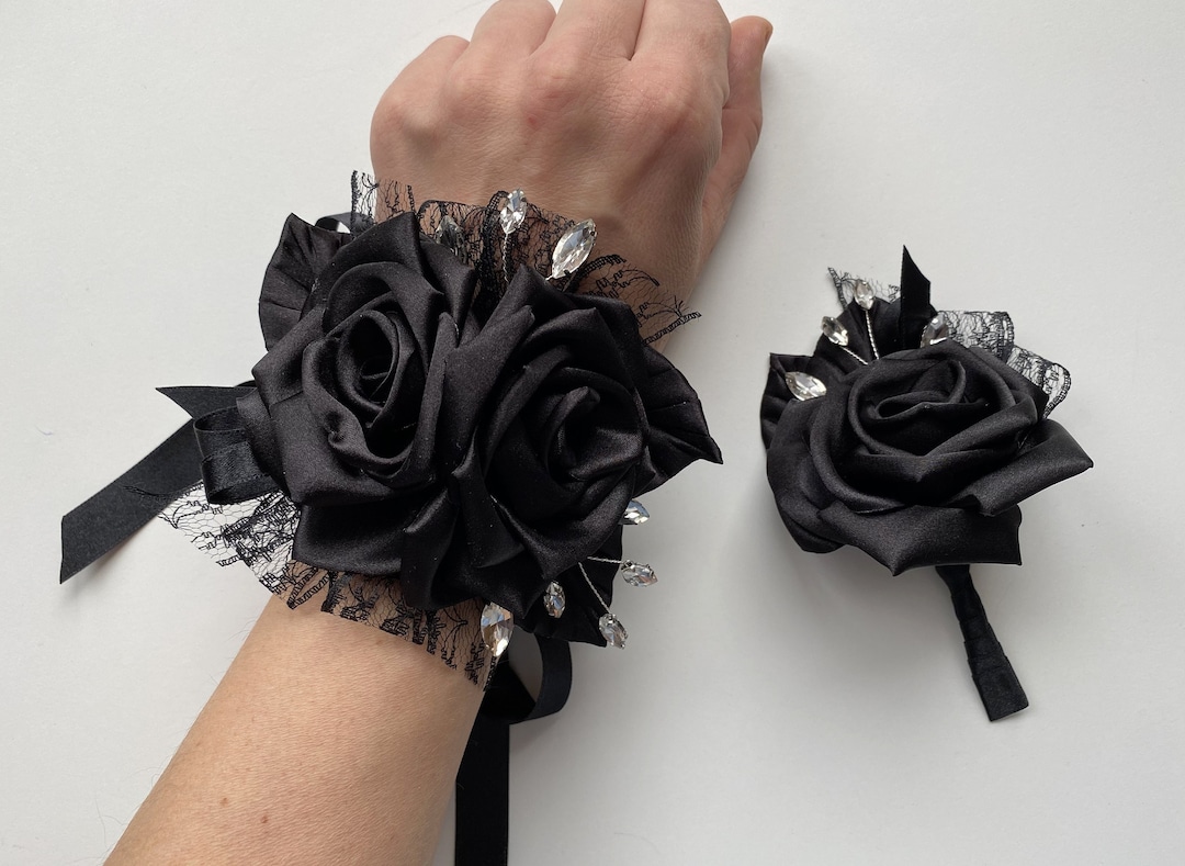 Black Flowers Wrist Corsage Boutonniere Set - Wedding Grad Prom Homecoming,  Rhinestone Lace Fabric Flower - Etsy